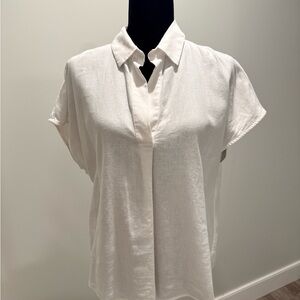 Banana Republic White Short-Sleeve V-Neck Collared Linen-blend Blouse